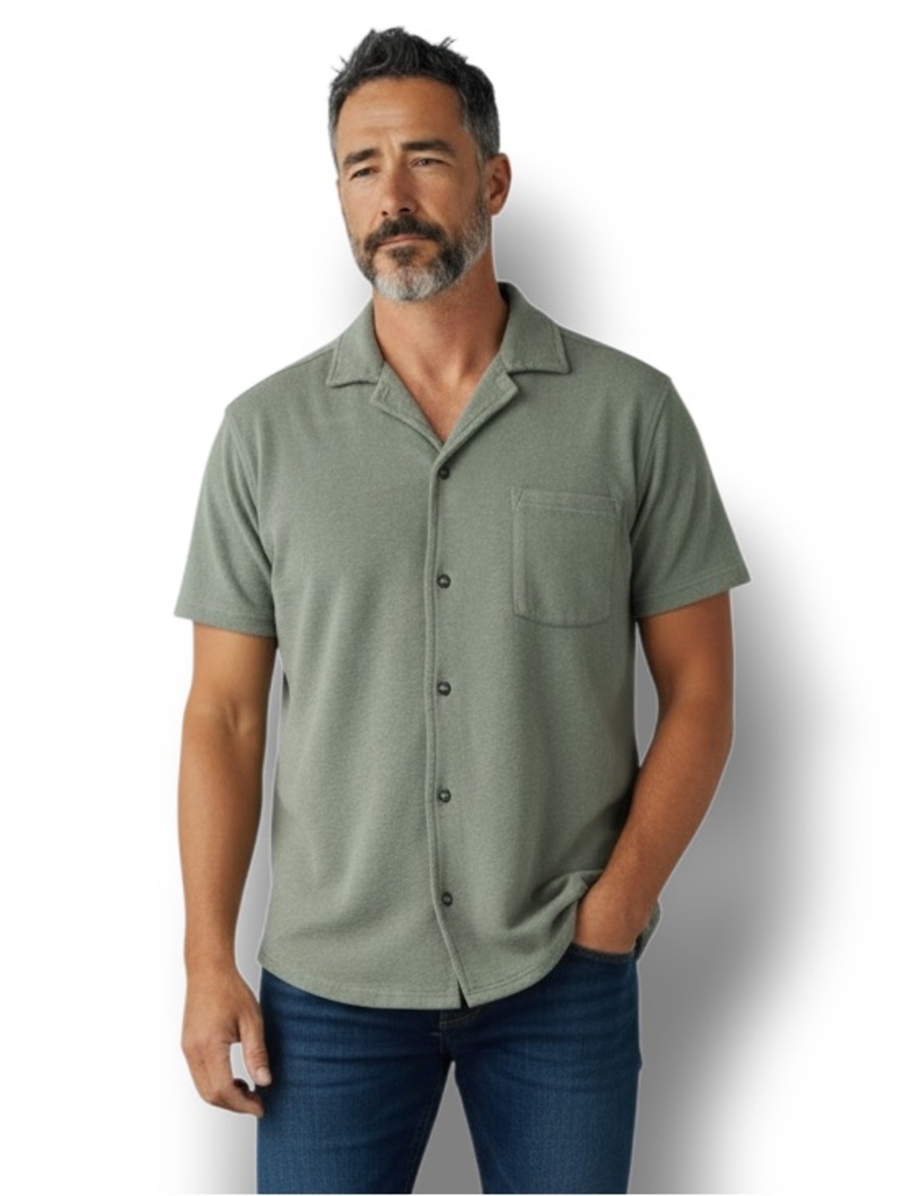 Goodfellow & Co Men's Short Sleeve Knit Camp Shirt Olive Green M